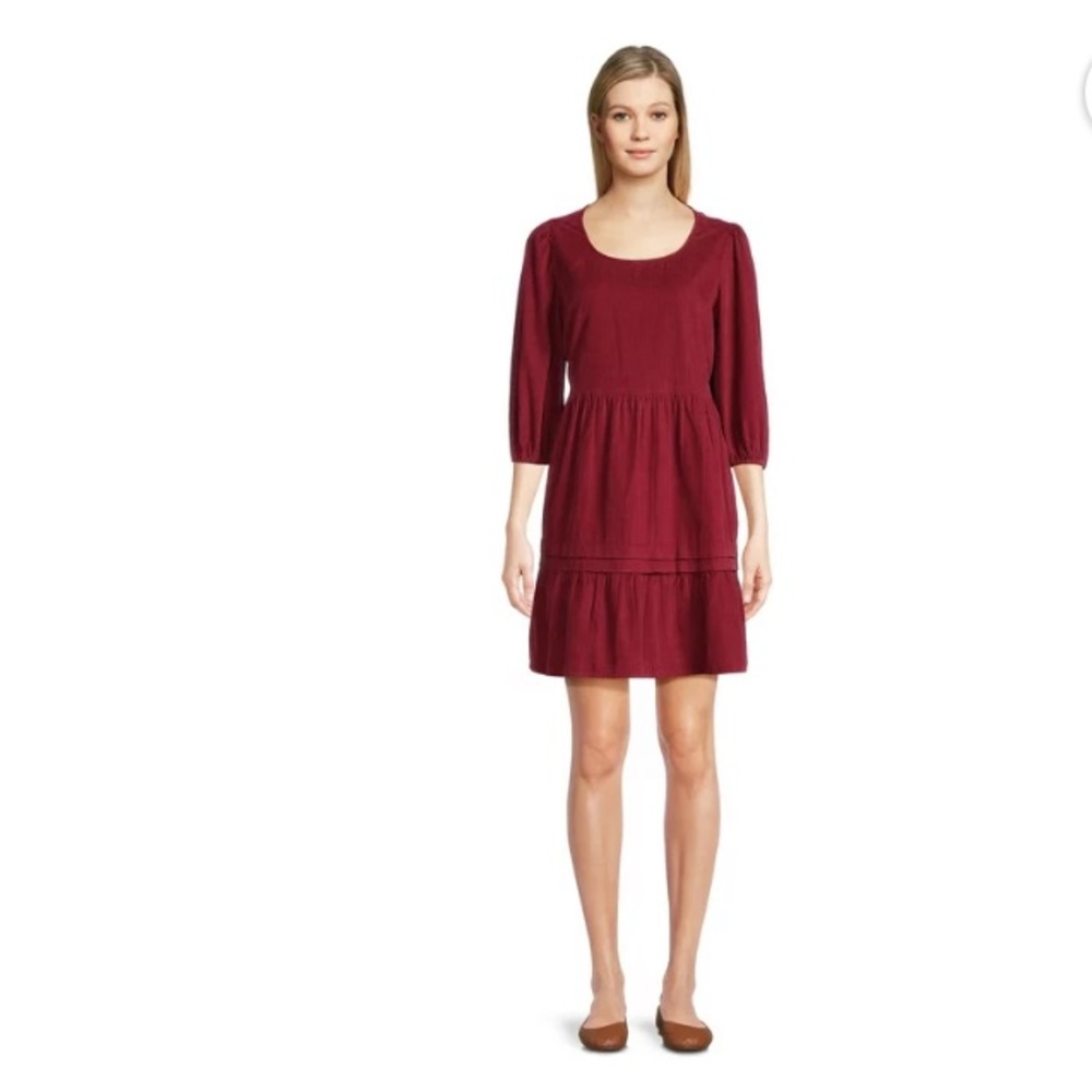 Women's Tiered Corduroy Dress Deep Red Size Medium, 3/4 puff sleeves w/pockets